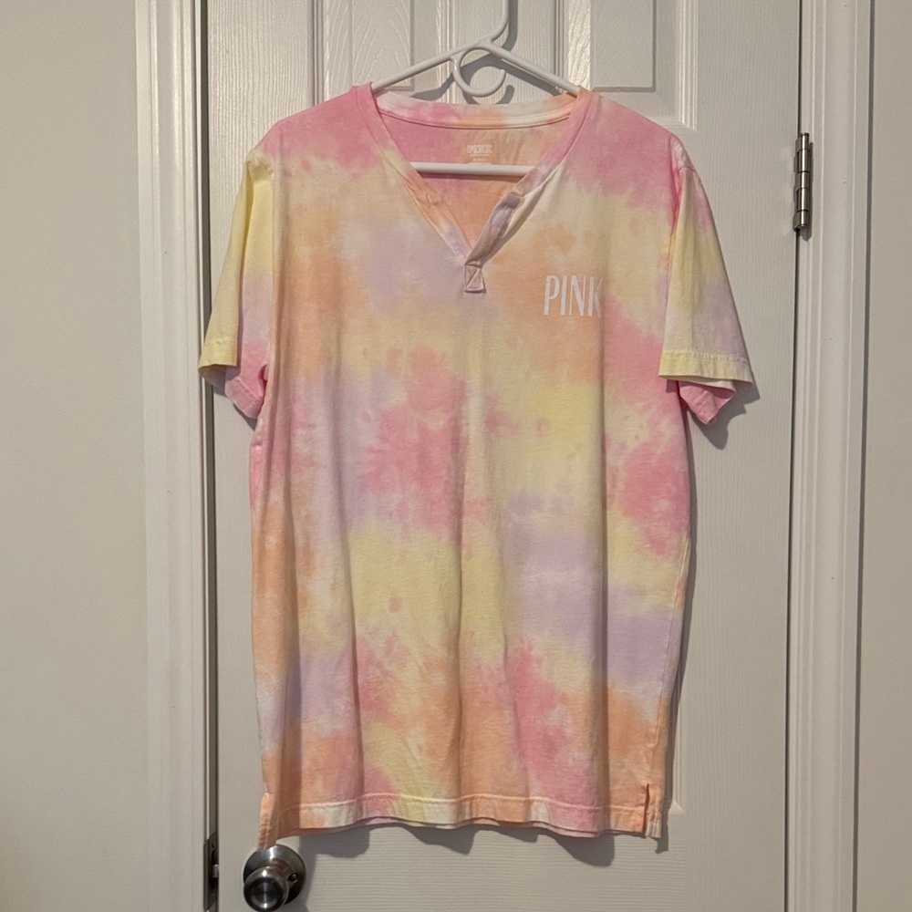 PINK Tie-Dye V-Neck Tee in Pastel Pink, Yellow & Lavender